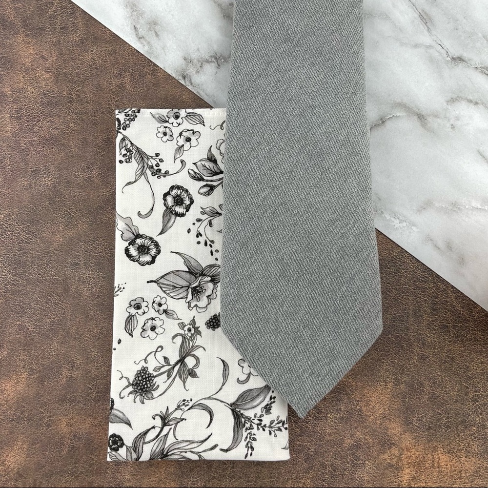 Men’s Gray Velour Necktie & White Floral Pocket Square